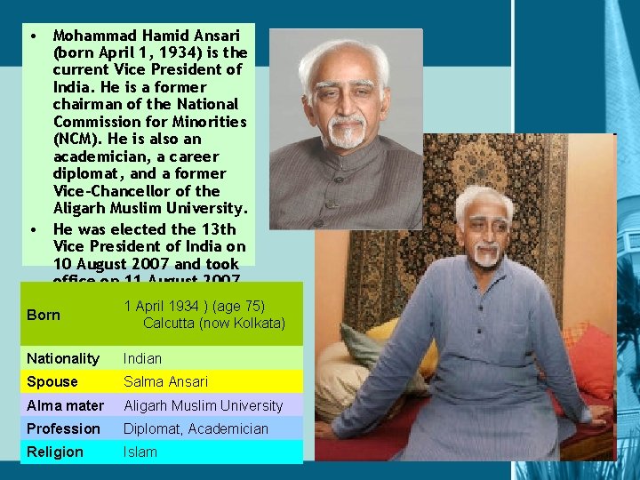  • Mohammad Hamid Ansari (born April 1, 1934) is the current Vice President