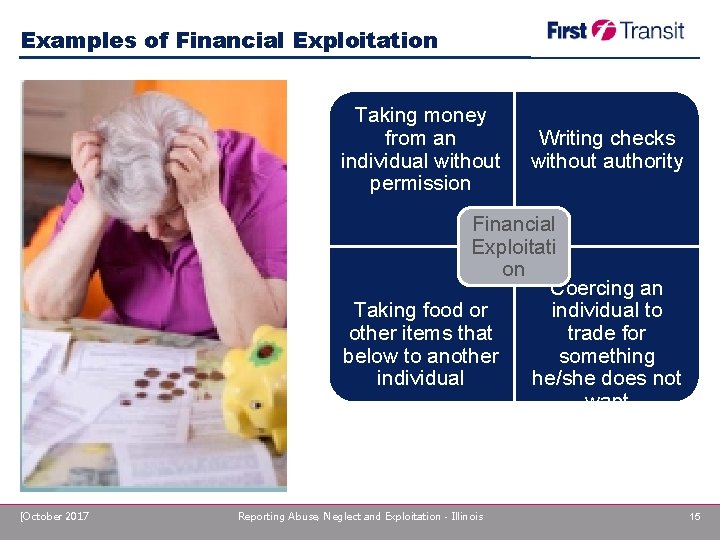 Examples of Financial Exploitation Taking money from an individual without permission Writing checks without