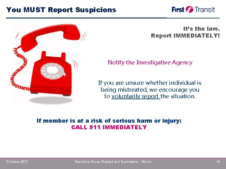 You MUST Report Suspicions It’s the law. Report IMMEDIATELY! Notify the Investigative Agency If