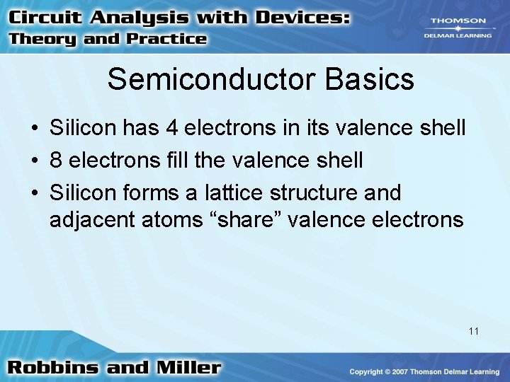 Semiconductor Basics • Silicon has 4 electrons in its valence shell • 8 electrons
