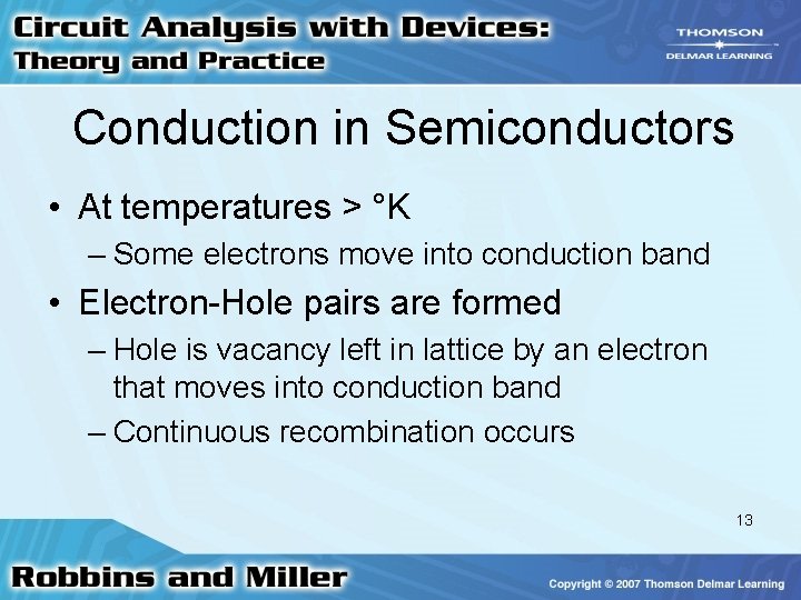 Conduction in Semiconductors • At temperatures > °K – Some electrons move into conduction
