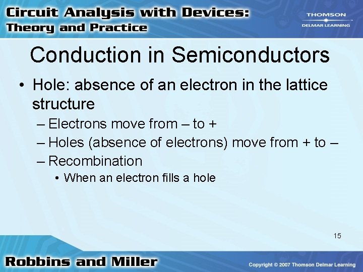 Conduction in Semiconductors • Hole: absence of an electron in the lattice structure –
