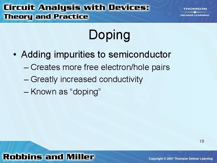 Doping • Adding impurities to semiconductor – Creates more free electron/hole pairs – Greatly