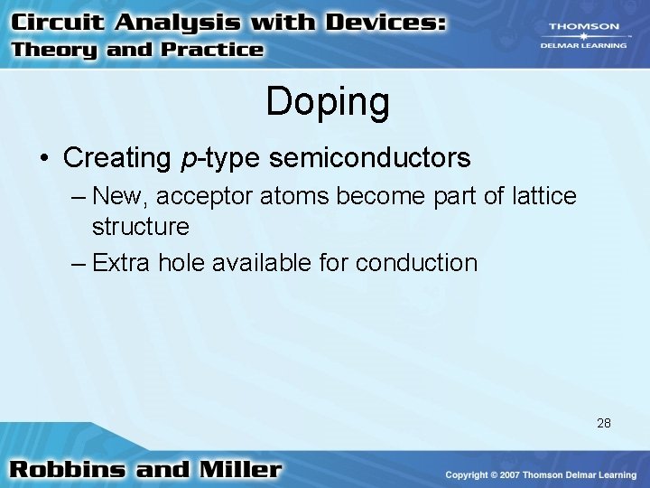 Doping • Creating p-type semiconductors – New, acceptor atoms become part of lattice structure
