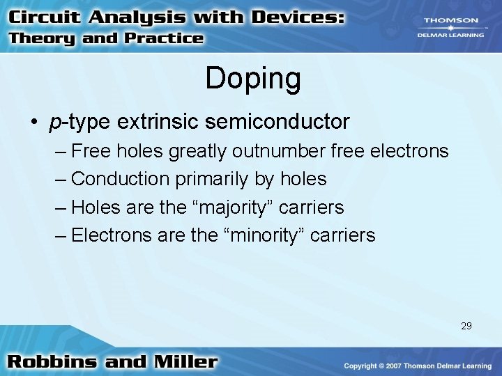 Doping • p-type extrinsic semiconductor – Free holes greatly outnumber free electrons – Conduction