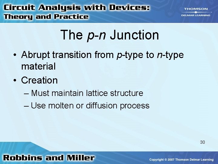 The p-n Junction • Abrupt transition from p-type to n-type material • Creation –