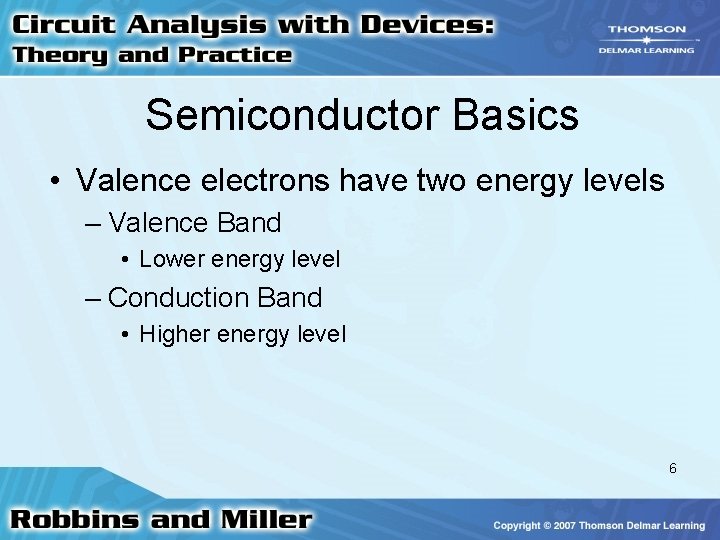 Semiconductor Basics • Valence electrons have two energy levels – Valence Band • Lower