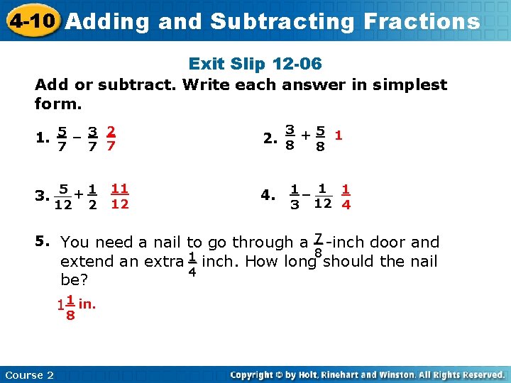 4 -10 Adding Insert Lesson and Subtracting Title Here. Fractions Exit Slip 12 -06