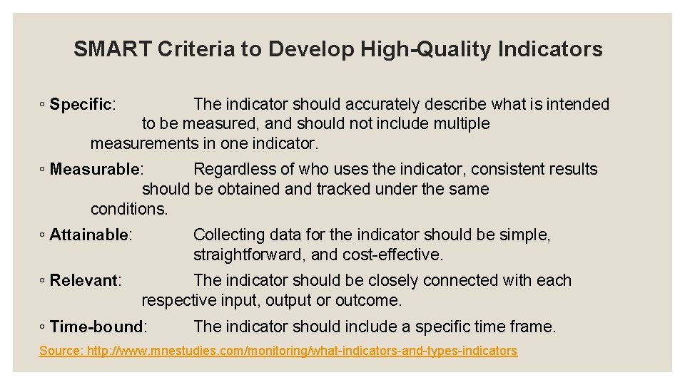 SMART Criteria to Develop High-Quality Indicators ◦ Specific: The indicator should accurately describe what