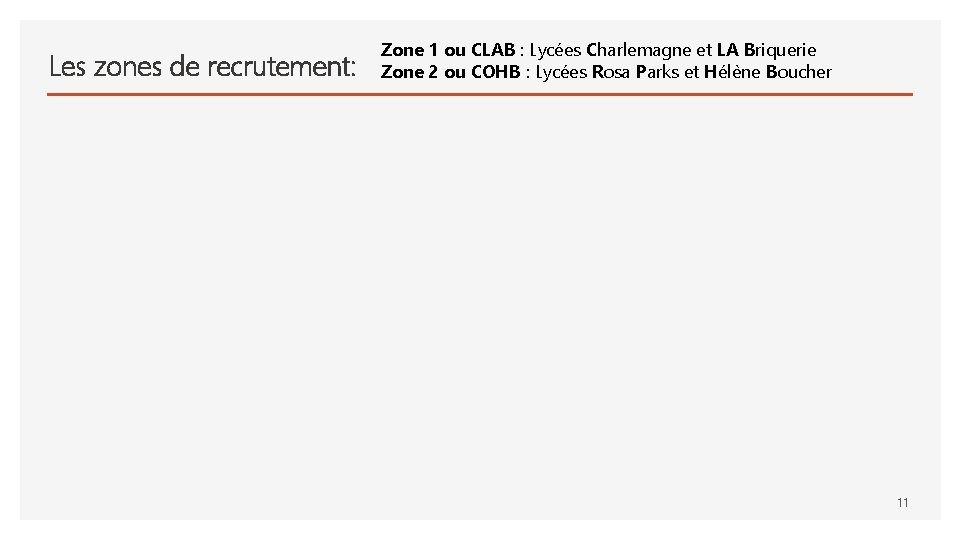 Les zones de recrutement: Zone 1 ou CLAB : Lycées Charlemagne et LA Briquerie