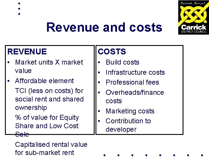 Revenue and costs REVENUE COSTS • Market units X market value • Affordable element