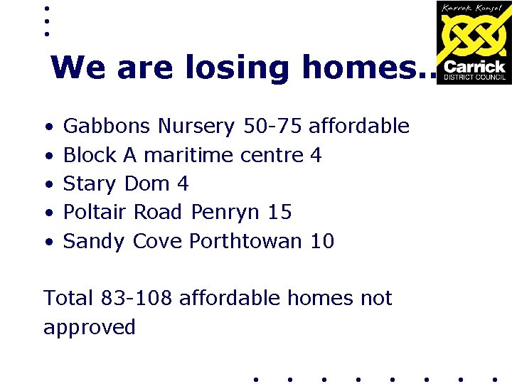 We are losing homes. . • • • Gabbons Nursery 50 -75 affordable Block
