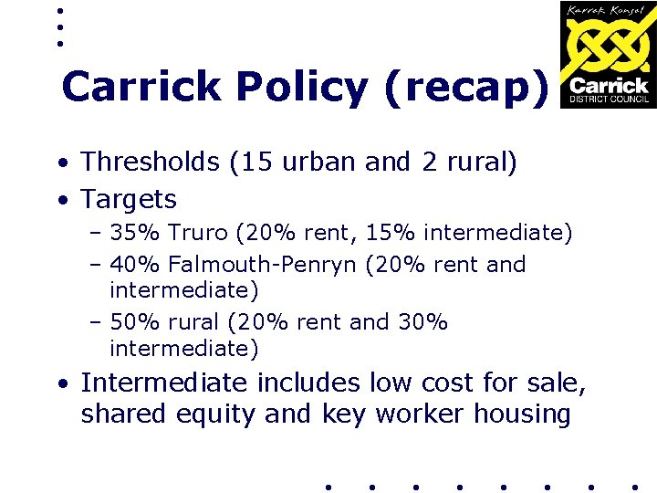 Carrick Policy (recap) • Thresholds (15 urban and 2 rural) • Targets – 35%