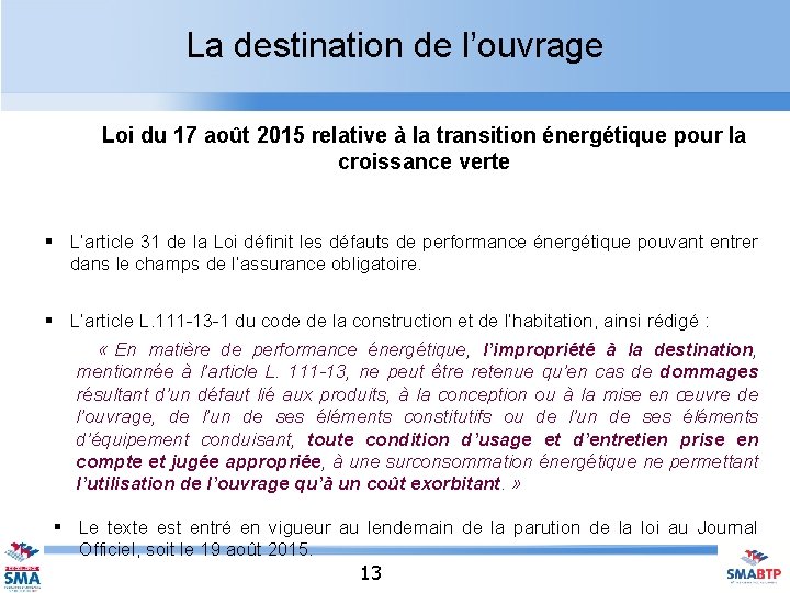 La destination de l’ouvrage Loi du 17 août 2015 relative à la transition énergétique