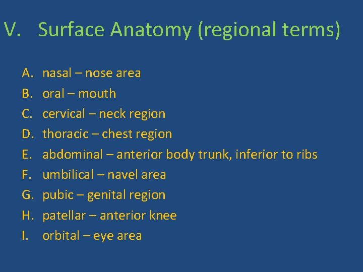 V. Surface Anatomy (regional terms) A. B. C. D. E. F. G. H. I.