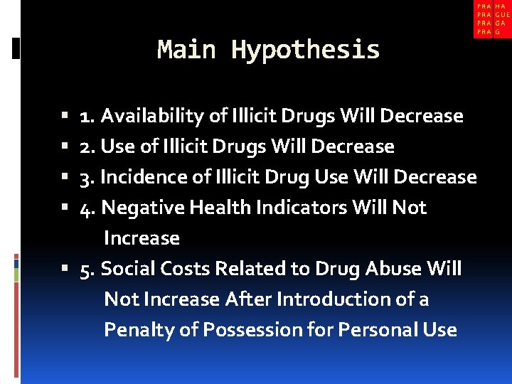 Main Hypothesis 1. Availability of Illicit Drugs Will Decrease 2. Use of Illicit Drugs