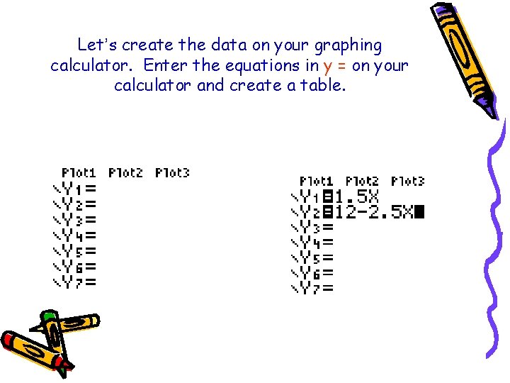 Let’s create the data on your graphing calculator. Enter the equations in y =