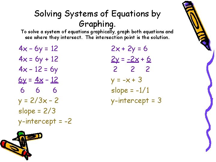 Solving Systems of Equations by Graphing. To solve a system of equations graphically, graph