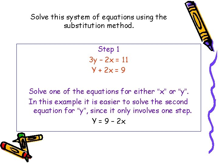 Solve this system of equations using the substitution method. Step 1 3 y –