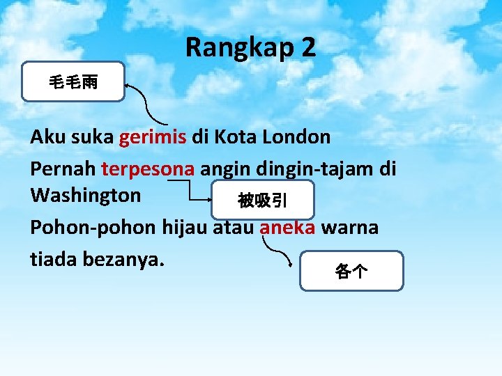 Rangkap 2 毛毛雨 Aku suka gerimis di Kota London Pernah terpesona angin dingin-tajam di