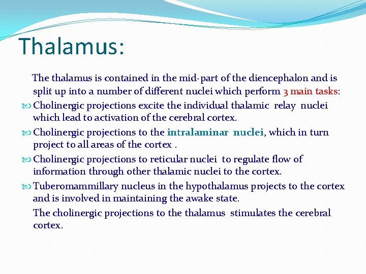 Thalamus: The thalamus is contained in the mid-part of the diencephalon and is split