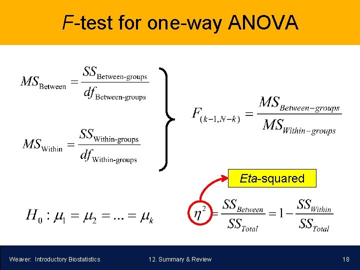F-test for one-way ANOVA Eta-squared Weaver: Introductory Biostatistics 12. Summary & Review 18 