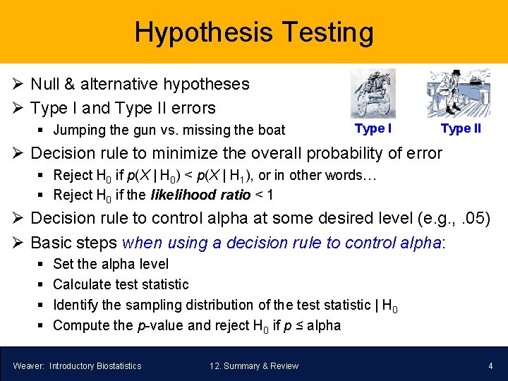Hypothesis Testing Ø Null & alternative hypotheses Ø Type I and Type II errors