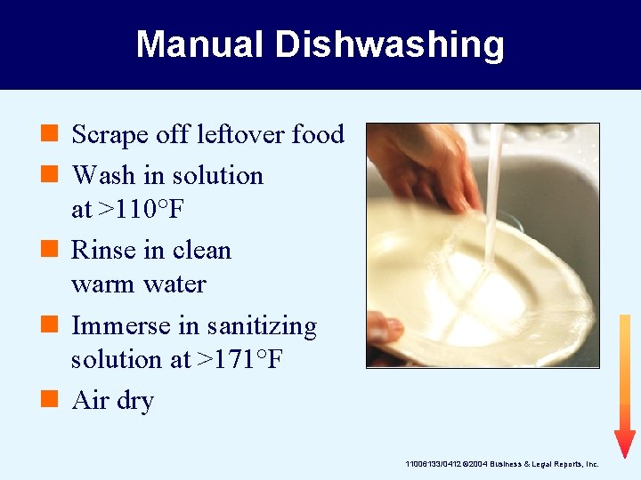 Manual Dishwashing n Scrape off leftover food n Wash in solution at >110°F n