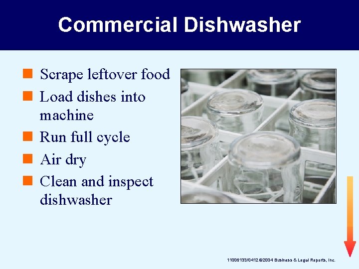 Commercial Dishwasher n Scrape leftover food n Load dishes into machine n Run full