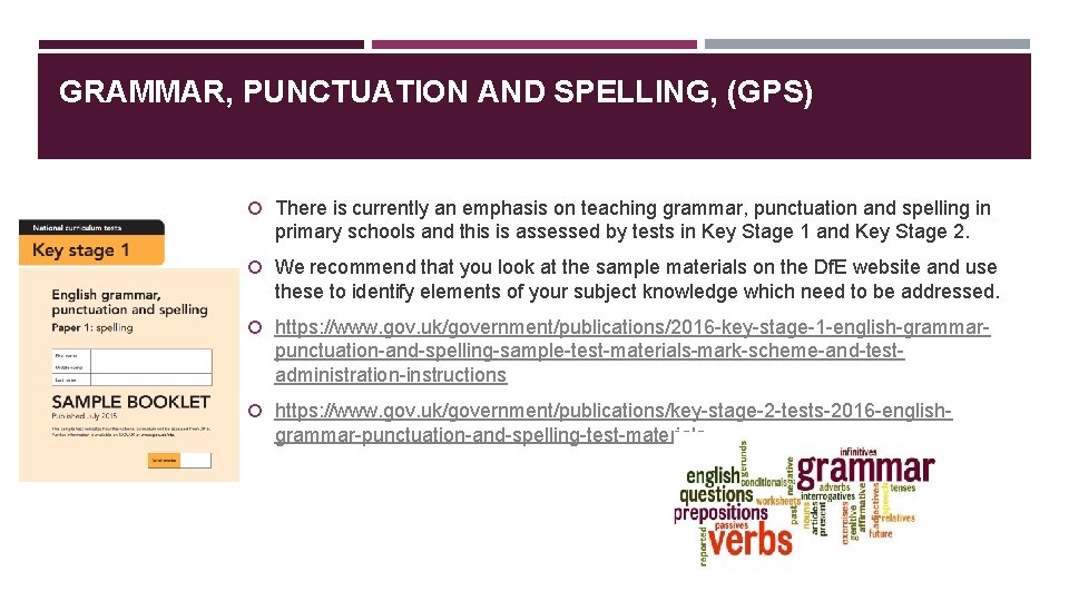 GRAMMAR, PUNCTUATION AND SPELLING, (GPS) There is currently an emphasis on teaching grammar, punctuation