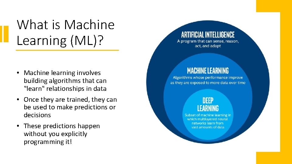 What is Machine Learning (ML)? • Machine learning involves building algorithms that can "learn"