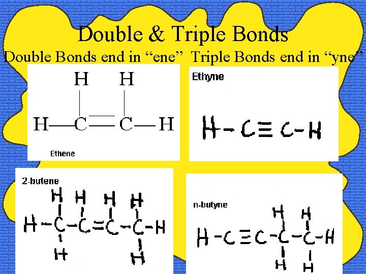 Double & Triple Bonds Double Bonds end in “ene” Triple Bonds end in “yne”