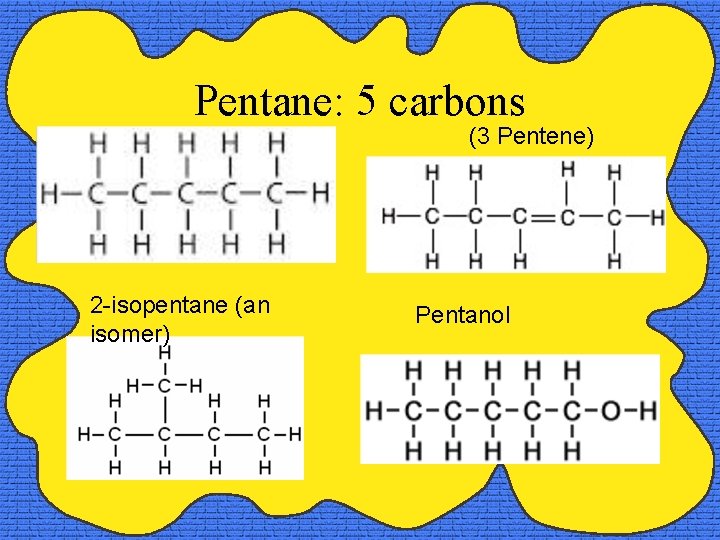 Pentane: 5 carbons (3 Pentene) 2 -isopentane (an isomer) Pentanol 
