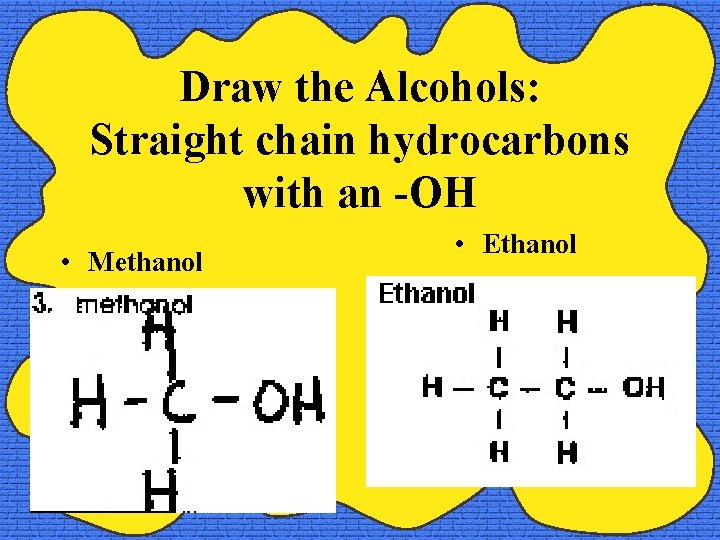 Draw the Alcohols: Straight chain hydrocarbons with an -OH • Methanol • Ethanol 
