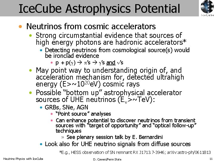Ice. Cube Astrophysics Potential • Neutrinos from cosmic accelerators • Strong circumstantial evidence that
