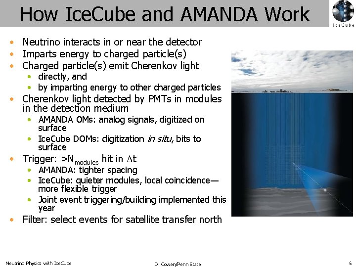 How Ice. Cube and AMANDA Work • Neutrino interacts in or near the detector