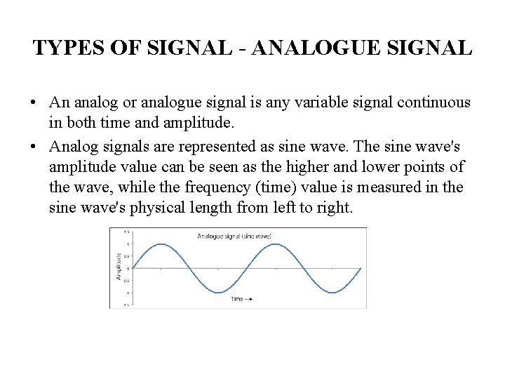 TYPES OF SIGNAL - ANALOGUE SIGNAL • An analog or analogue signal is any