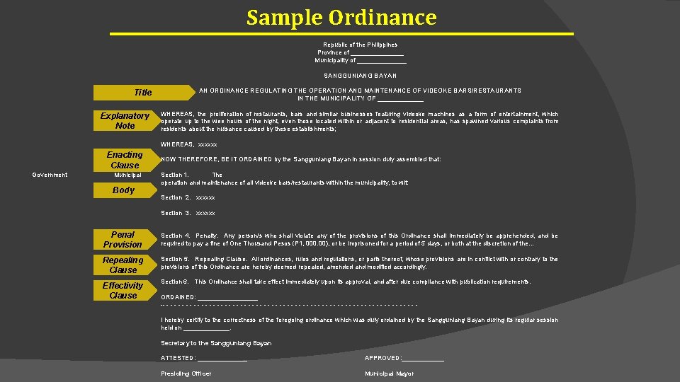 Sample Ordinance Republic of the Philippines Province of ________ Municipality of _______ SANGGUNIANG BAYAN