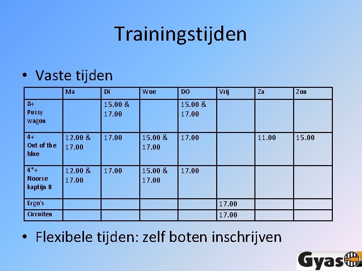 Trainingstijden • Vaste tijden Ma Di Woe 15. 00 & 17. 00 8+ Pussy