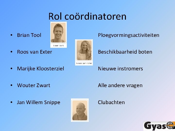 Rol coördinatoren • Brian Tool Ploegvormingsactiviteiten • Roos van Exter Beschikbaarheid boten • Marijke