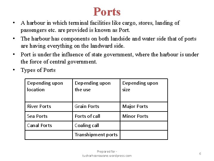 Ports • A harbour in which terminal facilities like cargo, stores, landing of passengers