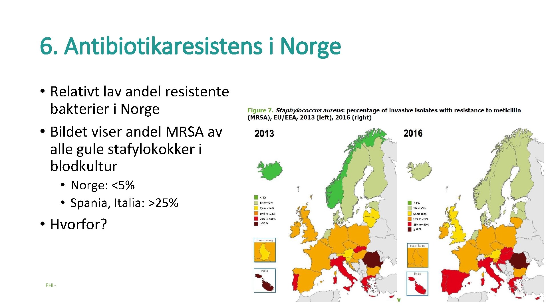 6. Antibiotikaresistens i Norge • Relativt lav andel resistente bakterier i Norge • Bildet
