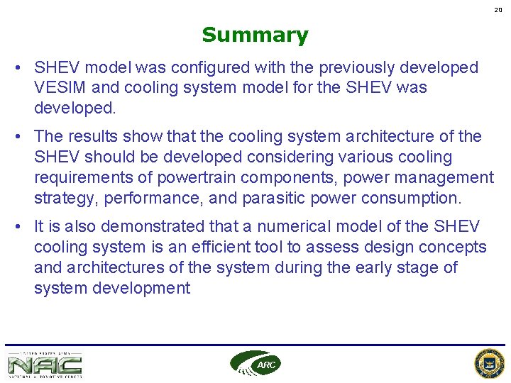 20 Summary • SHEV model was configured with the previously developed VESIM and cooling 20 Summary • SHEV model was configured with the previously developed VESIM and cooling