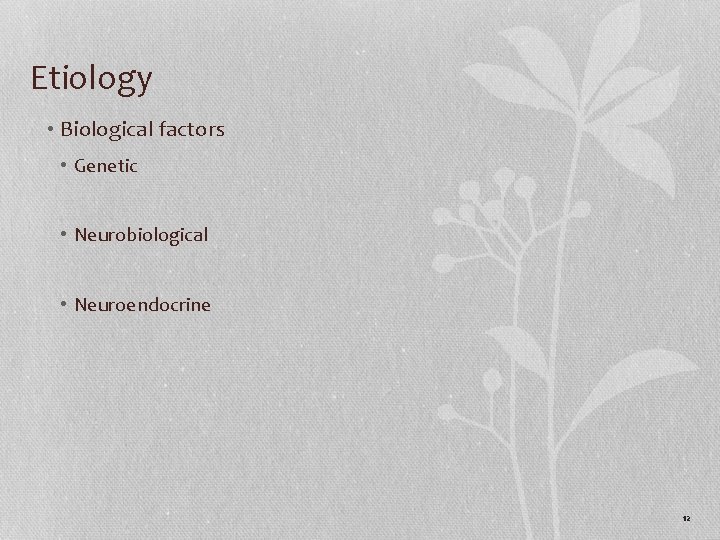 Etiology • Biological factors • Genetic • Neurobiological • Neuroendocrine 12 