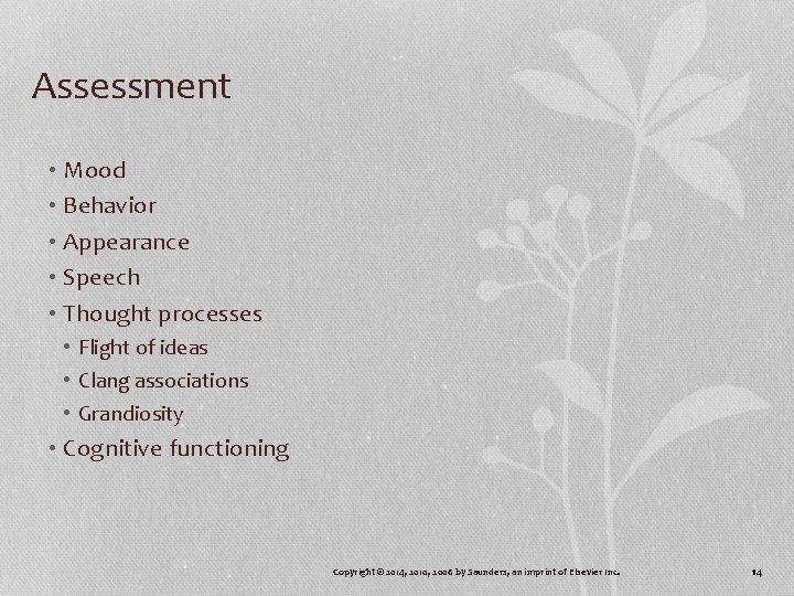 Assessment • Mood • Behavior • Appearance • Speech • Thought processes • Flight