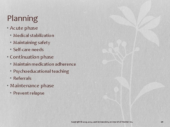 Planning • Acute phase • Medical stabilization • Maintaining safety • Self-care needs •