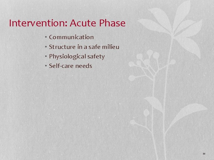 Intervention: Acute Phase • Communication • Structure in a safe milieu • Physiological safety