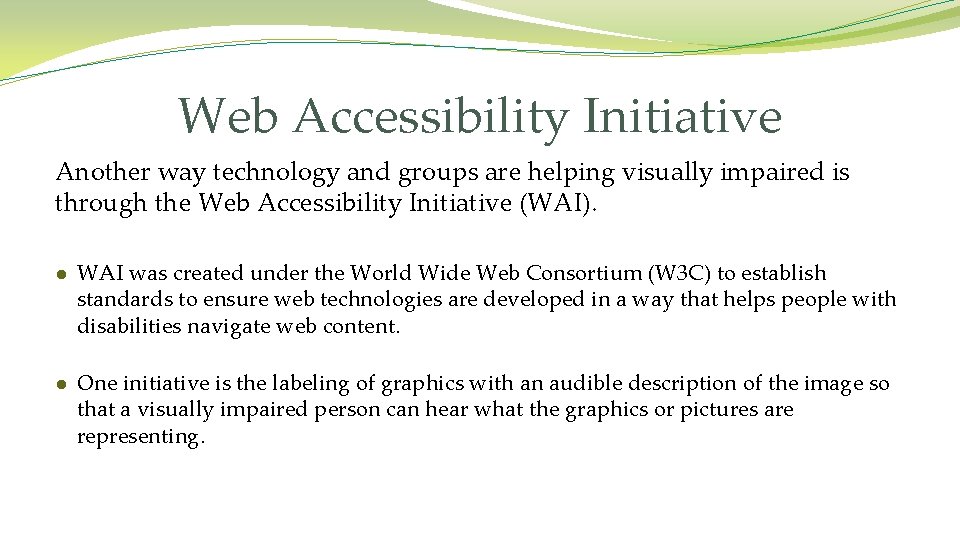 Web Accessibility Initiative Another way technology and groups are helping visually impaired is through
