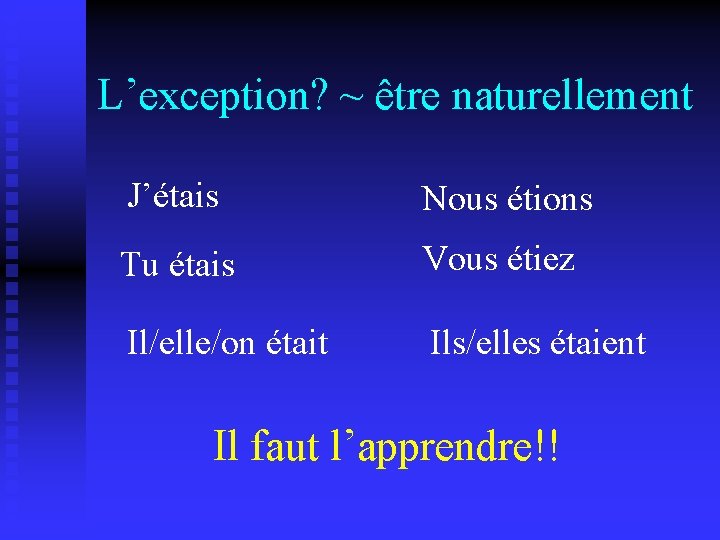 L’exception? ~ être naturellement J’étais Nous étions Tu étais Vous étiez Il/elle/on était Ils/elles