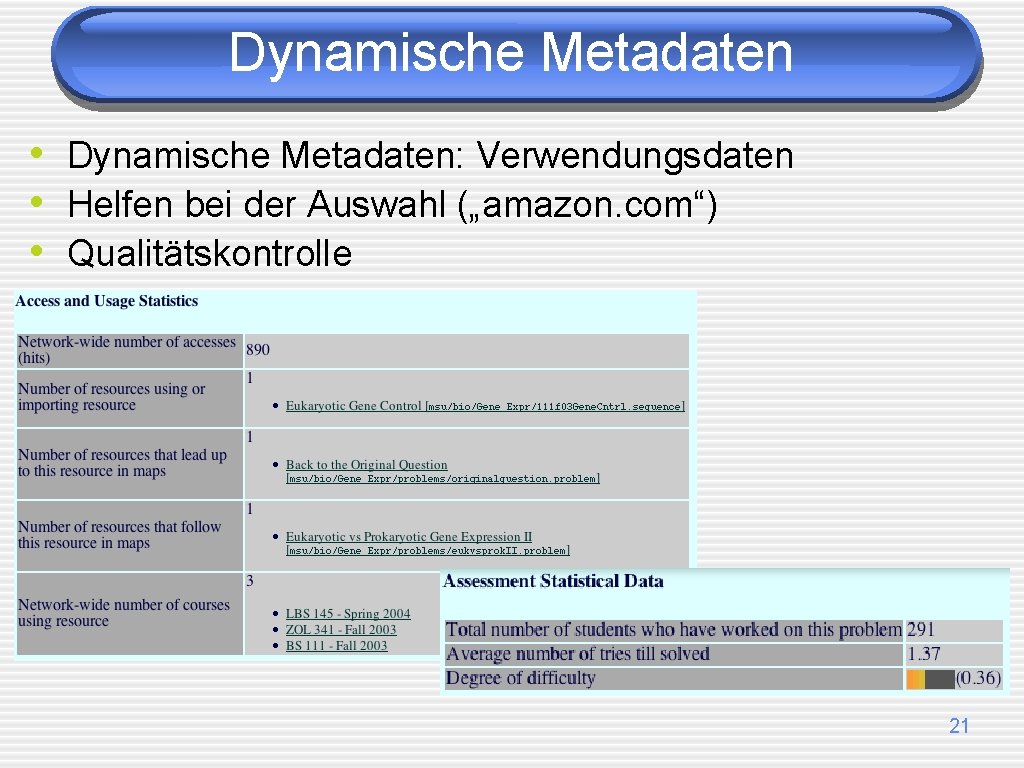 Dynamische Metadaten • Dynamische Metadaten: Verwendungsdaten • Helfen bei der Auswahl („amazon. com“) •
